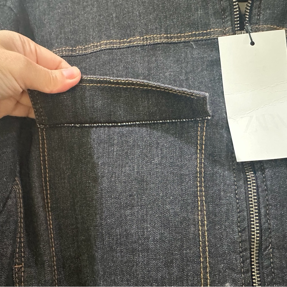 NWT ZARA Dark Wash Oversized Jean Jacket Big Front Patch Pockets Rigid Cotton S - Picture 10 of 12